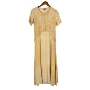 Vintage Papillon Rayon Embroidered Maxi Dress Butter Yellow Cream Boho M 90s Y2K